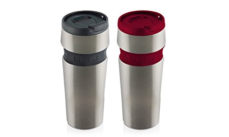 Hamilton Beach Mini Stainless Contour Grip Travel Mug Set (2 Pack), 12 oz, Black/Red