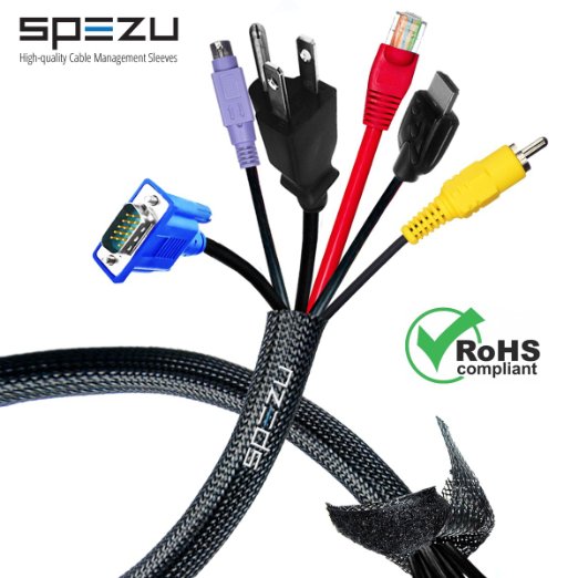 Cable Management Sleeve by SPEZU - Uses Velcro To Easily Wrap and Protect All Types Of Wires - Two 20 Inches Cord Organizer Sleeves  Extra Velcro Cable Ties