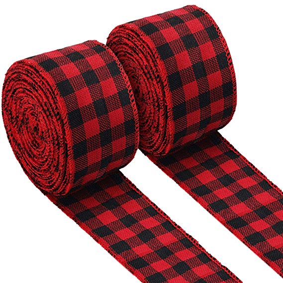 2 Rolls Burlap Wired Ribbon Weave Ribbon with Wired Edge for Christmas Crafts Floral Bows Craft Decoration (Buffalo Plaid, 2.4 Inches by 315 Inches)