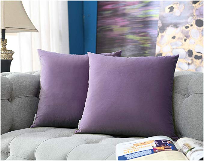 COMFORTLAND 18 x 18 Pack of 2 Soft Velvet Solid Decorative Square Throw Pillow Covers Set Accent Pillow Cases Euro Cushion Covers for Farmhouse Indoor Bedroom Sofa Couch Bed Kids,Violet