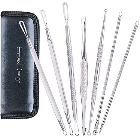 EmaxDesign 7 Pieces Blackhead Remover Pimple Comedone Extractor Tool Best Acne Removal Kit - Treatment for Blemish, Whitehead Popping, Zit Removing for Risk Free Nose Face Skin with Leather Case