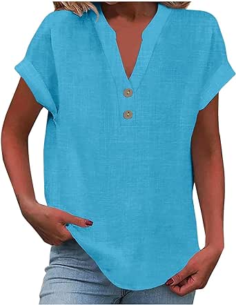 Womens Button Down Linen Shirt Short Sleeve V Neck Shirts Solid Color Comfy Tops Summer Casual Dressy Tunic Top