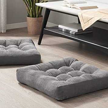 ﻿Meditation Floor Pillow Set of 2, Square Large Pillows Seating for Adults, Tufted Corduroy Floor Cushion for Balcony Outdoor Tatami Living Room, Grey, 22x22 Inch