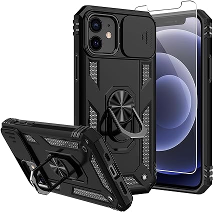 for iPhone 12 Case,Phone 12 Pro Case,with Screen Protector and Camera Cover,[Military Grade] 16ft.Drop Tested Cover with Magnetic Kickstand Protective Case for iPhone 12, Black