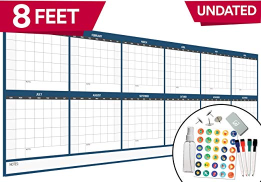 Large Dry Erase Wall Calendar - 36" x 96" - Undated Blank 2019-2020 Reusable Yearly Calendar - Giant Whiteboard Year Poster - Laminated Office Jumbo 12 Month Calendar (Blue)