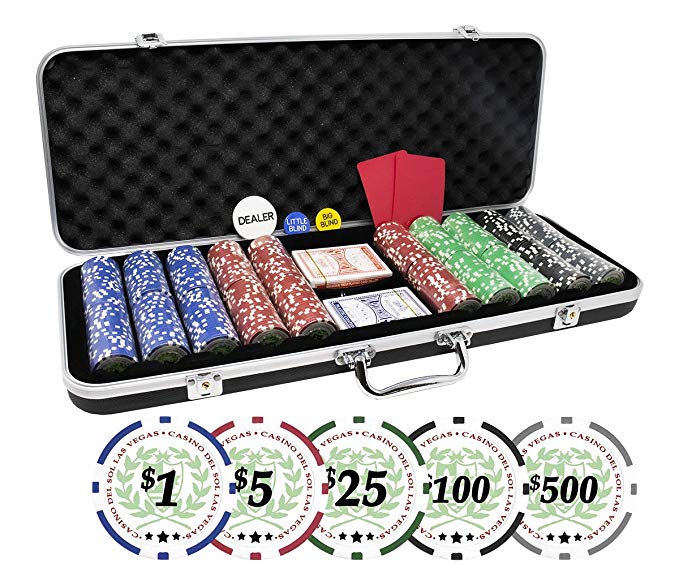 DA VINCI Professional Set of 500 11.5 Gram Casino Del Sol Poker Chips with Denominations and Upgraded Ding Proof Black ABS Case
