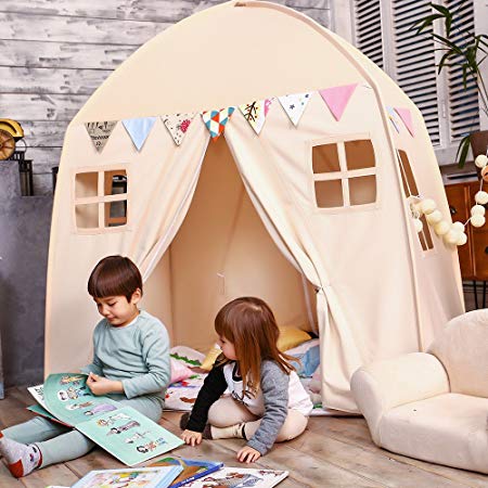 Love Tree Kids Play Tent Large Teepee Tent for Kids with Carry Bag Portable Playhouse for Indoor Outdoor in Beige for Boys and Girls