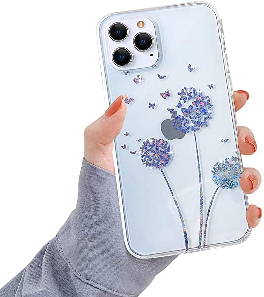 Ownest Compatible with iPhone 12 Pro Max Case,Clear Dandelion Floral Butterfly Colorful Glitter Design for Women Girls Soft TPU Hard PC Back Anti-Scratch Protective Cases for 12 Pro Max