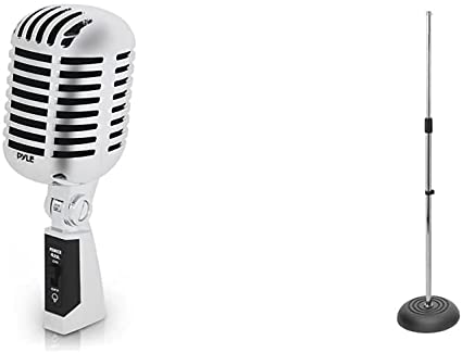 Classic Retro Dynamic Vocal Microphone - Old Vintage Style Unidirectional Cardioid Mic with XLR Cable (Silver) & On-Stage MS7201CH Round Base Microphone Stand, Chrome