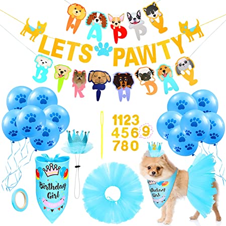 Dog Birthday Party Supplies Decoration Include Tutu Skirt Crown Hat 0-8 Figure Pet Happy Birthday Triangle Scarf Let's Pawty Banner and 10 Pieces 10 Inch Paw Print Balloons for Pet