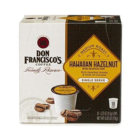 Don Francisco's  Hawaiian Hazelnut, Rich Premium 100% Arabica Coffee Beans, Medium Roast, Single Serve Pods for Keurig, Family Reserve, 18-Count