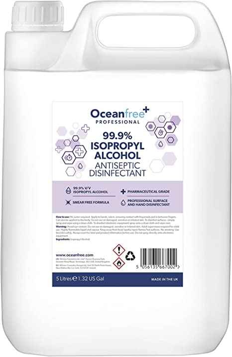 99.9% IPA Disinfectant Rubbing Isopropyl Alcohol - 5L Litre - Kills 99% Bacteria, Germs - Sanitiser Sanitizer (Single)