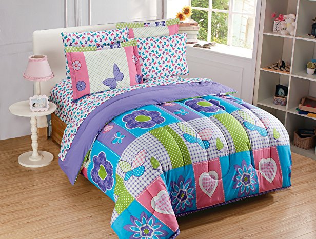 Mk collection 7 Pc Full Size Butterfly Purple Pink Turquoise Green Flowers Girls Teens Comforter Set New