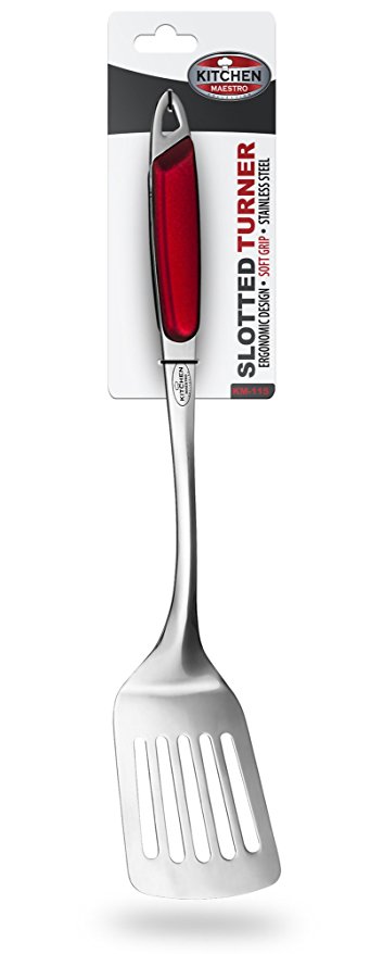 Kitchen Maestro High Quality Stainless Steel, Rubber Coated Grip Slotted Turner