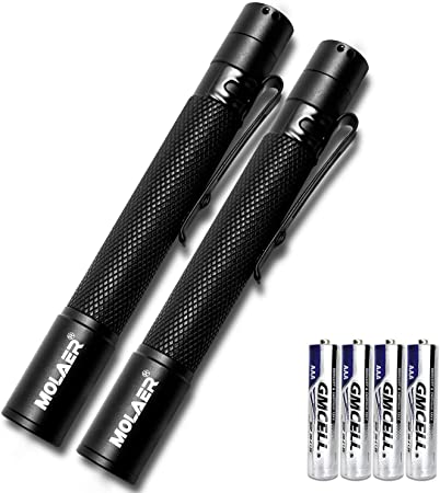 Pen Light Flashlight, 2-Pack Zoomable MOLAER B17 LED Pocket PenLight with Clip, 3 Lighting Modes, Small, Mini, Waterproof, Great for Camping, Work, Repair, Emergency (4 × AAA Battery Included)