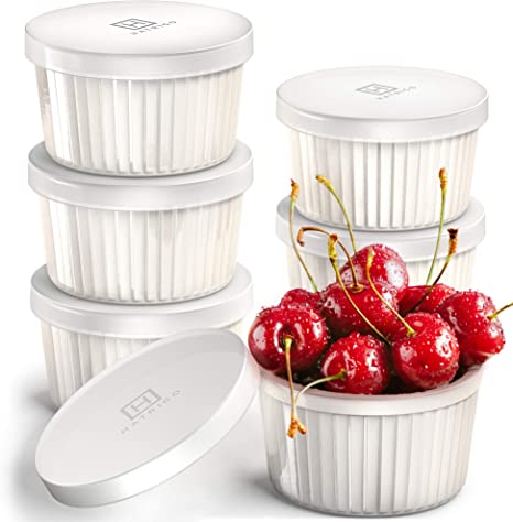 Hatrigo Porcelain Ramekins with Silicone Storage Lids, Set of 6 White Ramekins, 12 oz Oven Safe to 450 deg F, Dishwasher Safe