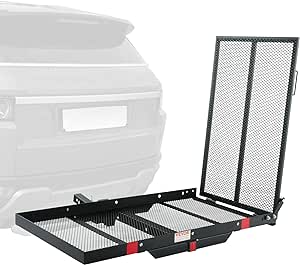 VEVOR Hitch Mount Cargo Carrier & Folding Ramp, Iron Hitch Rack Basket with Stabilizer and Straps, 500LBS Mobility Scooter Carrier Fit 2" Hitch Receiver, 45.3 x 25.6-inch