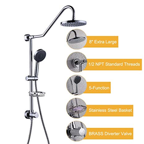 KES Showerspas Retro-Fit Rain Shower System with 5-Function Hand shower and Adjustable Slide Bar and Soap Dish Chrome, X6400