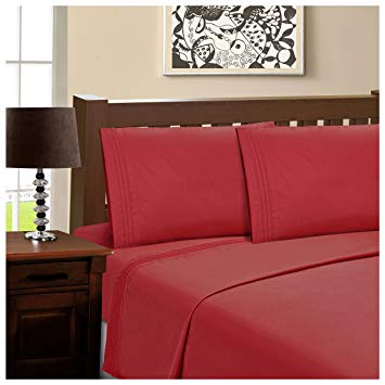 Superior Infinity Embroidered Luxury Soft, Cooling 100% Brushed Microfiber 4-Piece Sheet Set, Light Weight and Wrinkle Resistant - Queen Sheets, Red