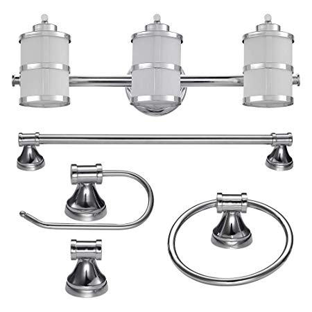 Globe Electric 51285 Kennewick 5-Piece All-in-One Bath Set, 3-Light Vanity, Bar, Towel Ring, Toilet Paper Holder, Robe Hook,Polished Chrome Finish