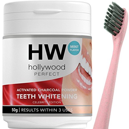 Hollywood Perfect Activated Charcoal Powder: Teeth Whitening Formula With Mint Flavor, Charcoal Bristles Toothbrush Included, Improve Dental Health, Quick Results Against Coffee And Tea Stains