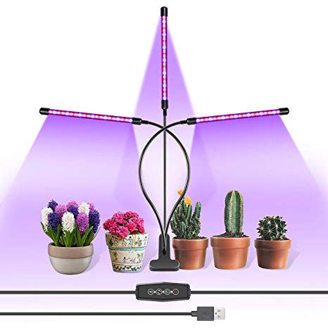 Neewer Grow Light, 18W Tri Head 90 LED Dimmable Plant Grow Lights for Indoor Plants with Red/Blue Spectrum, Adjustable Gooseneck, 3/6/12H Timer, 3 Light Mode, 9 Levels of Brightness, USB Powered