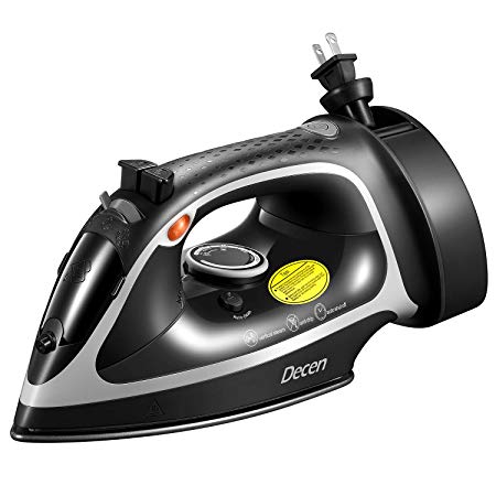 Decen Steam Iron, 1600 Watt Anti-Drip Nonstick Stainless Steel Iron with Retractable Cord, Professional High Performance Anti-Scale, Rapid Heating and Self Cleaning Function, Black