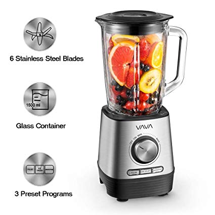 Countertop Blender, VAVA Smoothie Blender with 1500ml Glass Container, Variable Speed, Powerful Blade for Easily Crushing Ice, Smoothies, Frozen Dessert