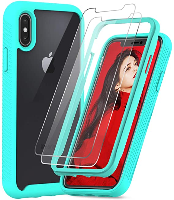 iPhone X Case, iPhone Xs Case with 2 Tempered Glass Screen Protector, LeYi Full-Body Shockproof Rugged Hybrid Bumper Heavy Duty Protective Phone Cover Cases for Apple iPhone X/iPhone Xs, Clear/Mint