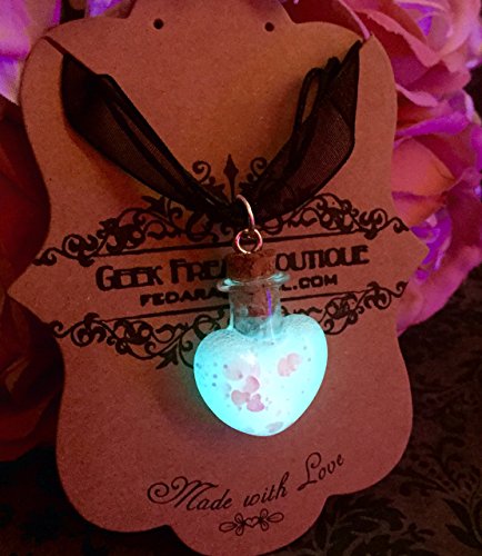 Pastel Goth Pink Hearts Blue Glow In The Dark Glass Charm with Black Cord Choker Necklace, Pastel Pink heart, Glowing Heart, Valentine's Day Gift
