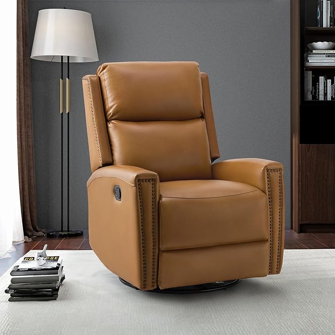 HULALA HOME Genuine Leather Swivel Rocker Recliner, Manual Glider Recliner Chair with Adjustable Backrest & Footrest, Modern Home Theater Lounge Sofa Armchair for Living Room Bedroom, Camel