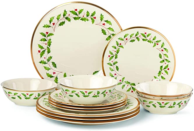 Lenox Holiday 12-Piece Plate & Bowl Set, 14.90 LB, Red & Green