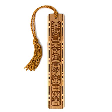 Tiki Totem Artwork Engraved On Handmade Wooden Bookmark with Tassel