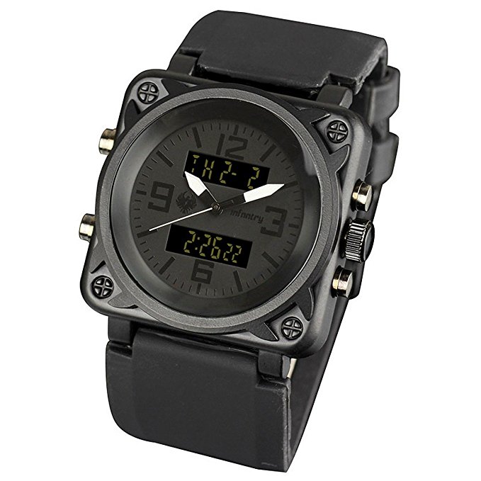 INFANTRY Mens Tactical Military Analog Digital Multifunction Sport Wrist Watch, Black Rubber