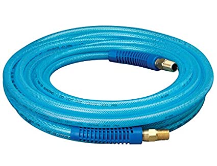 Amflo 12-25E Blue 300 PSI Polyurethane Air Hose 1/4" x 25' with 1/4" MNPT Swivel Ends and Bend Restrictor Fittings