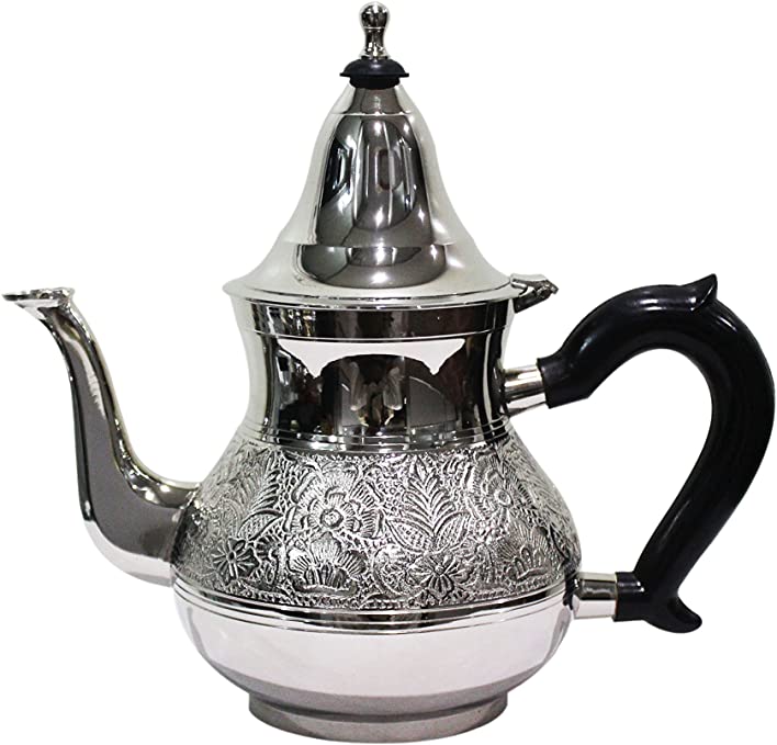 Moroccan Silver Teapot Made of Brass Eldina 800 ml ≈ 6-8 Tea Glasses | Oriental Coffee Tea Pot with Cover Handle and Integrated Filter | Engraved Jug in Marrakesh Style as Home or Kitchen Decoration