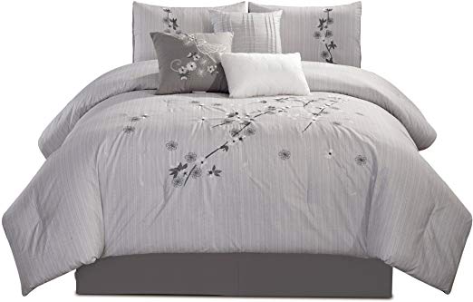 Chezmoi Collection Rowland 7-Piece Chic Floral Flowers Embroidered Comforter Set California King Size, Gray/Light Gray