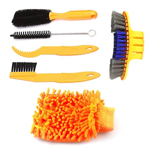 Bike Cleaning Tool Set, 6Pieces Precision Bicycle Cleaning Tool Tarpered Detail Brush Wheel Brush Scraper Bike clean mitt Tire Scrubber Multipurpose Practical and portable for Mountain,BMX Bike