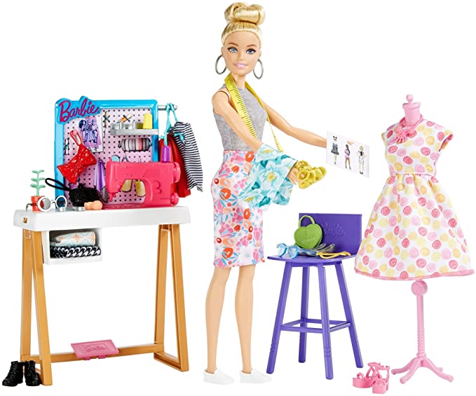 Barbie Fashion Designer Doll (12-in), & Studio, 25  Design & Fashion Accessories, Design Desk, Chair, Sewing Machine, Fabric Swatches, Mannequin & More, Ages 3 Years Old & Up