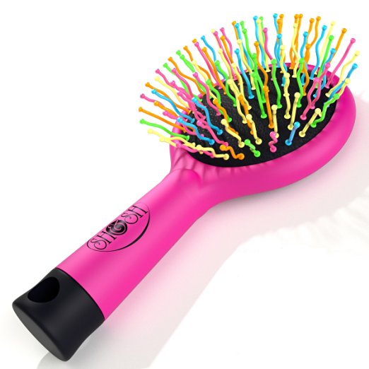 Detangling Brush with Mirror- No Tangle & Pain- Anti Static Soft Bristle- Massaging & Straightening Detangler- Rubberized Grip- Cool/ Cute Colors- Wet & Dry Detangle Comb- For All Hair Types (Pink)