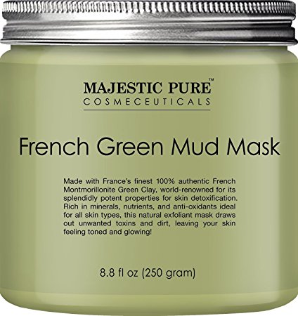 Majestic Pure French Green Mud Mask with Authentic Montmorillonite Green Clay, Exfoliating Facial Mask for Blackhead, Shrinking Pores, Fighting Acne and Toning Skin, 8.8 fl. oz.