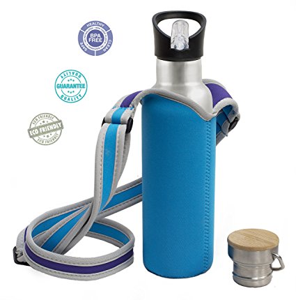 Stainless Steel Water Bottle 20 Oz Eco-Friendly with Bamboo Cup, Sippy cup and free Neoprene case - Double Wall Vacuum Insulation Technology. Bpa Rust Paint Leak Sweat Free.