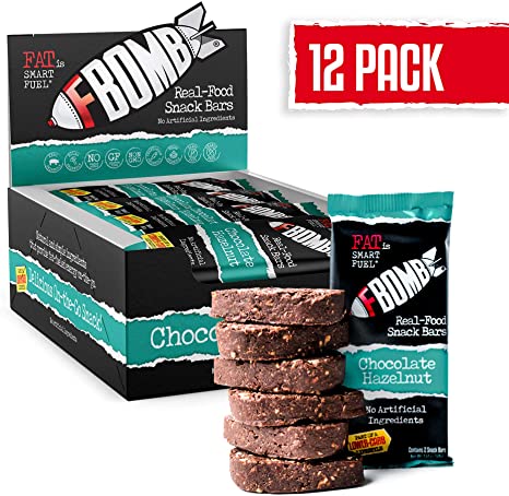 FBOMB Real Food Snack Bars: Clean, Low Carb, Natural Ingredients | Paleo & Keto Snack Bar | Gluten Free, Dairy Free, Non-GMO | Chocolate Hazelnut Bars- 12 Pack (24 Servings)
