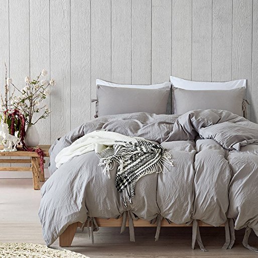 Hootech 3 Piece Duvet Cover Set Washed Cotton Natural Ultra Soft Solid Color Modern Style Bedding Set (Grey, Queen)