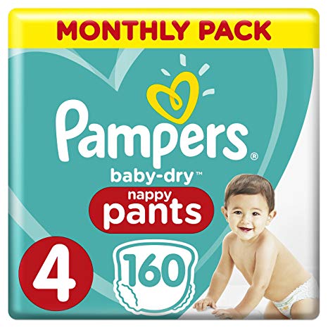 Pampers Baby-Dry Size 4, 160 Nappy Pants,(8-14 kg), Easy-On for Up to 12 Hours of Breathable Dryness, Monthly Pack - Packaging may vary