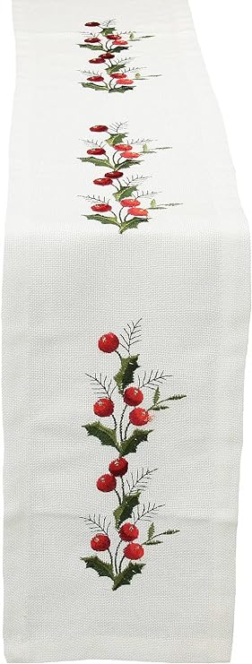 Xia Home Fashions Holly Berry Embroidered Hemstitch Christmas Table Runner, 8-Inch by 62-Inch