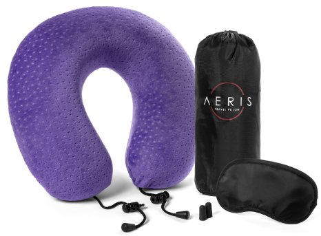 AERIS Memory Foam Plush Velour Neck Pillow with Portable Bag - Purple