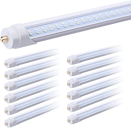 8FT LED Tube Light Double Row 65W Replacement 150W Fluorescent Lamp Shop Light Bulb, Single Pin FA8 Base Dual-Ended Power Cold White Clear Cover, AC 85-277V 12 Pack