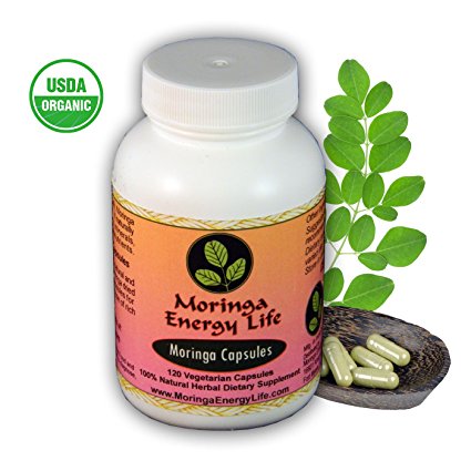 Moringa Energy Capsules - USDA Organic. 100% Pure and Natural Raw Moringa Dried Leaf in 120 Capsules, 380 mg per capsule. Non GMO, Vegan supplement. Organic Moringa capsules for Health, Nutrition