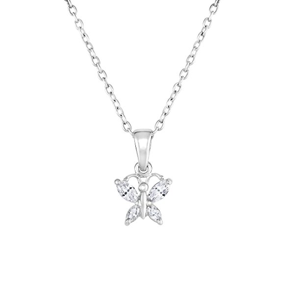 Sterling Silver Butterfly Pendant Necklace with Simulated Birthstone CZ for Girls, 16''